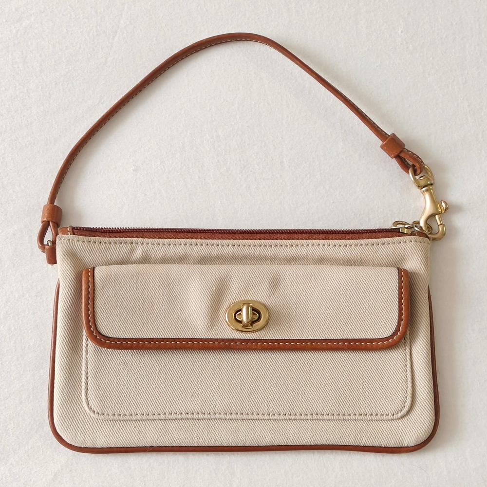 Vintage Coach Legacy Canvas Wristlet Small Beige Brown Leather Turnlock Zip Bag